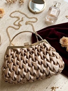 NWT Gold Pleated Satin Evening Clutch with Rhinestone Clasp Chain Strap Event